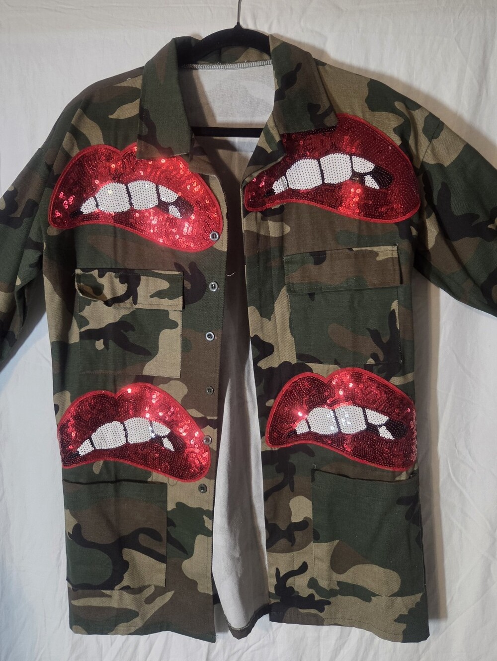 Camo Jacket with Red Sequin Lips - Picture 9 of 10